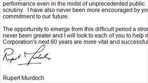 Screenshot of letter by Rupert Murdoch